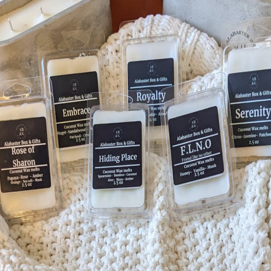 Luxurious Coconut wax melts: Rose of Sharon, Embrace, Hiding Place, Royalty, F.L.N.O, Serenity